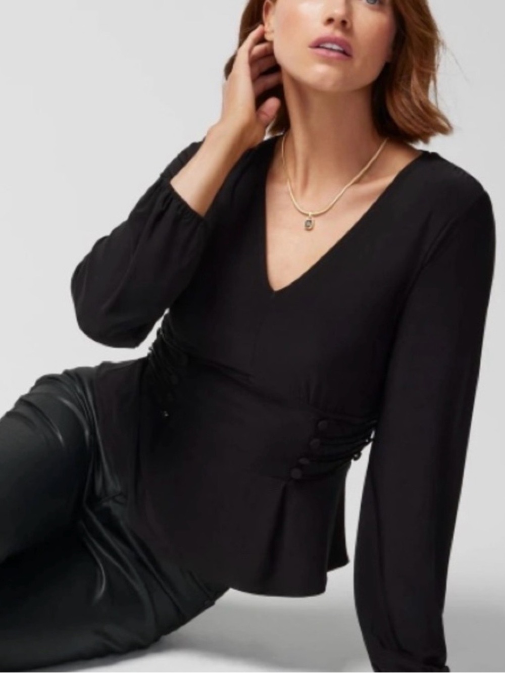 White House Black Market Black V-Neck Long-Sleeve Top